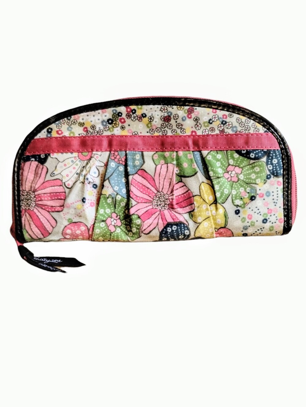 Thirty One Floral Holly Hobbie Style Print Pleated Halfmoon Zip Around Wallet